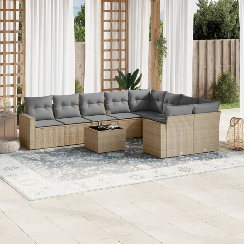 vidaXL Juego de sofás jardín con cojines beige 10 pzas ratán sintético vidaXL Juego de sofás jardín con cojines beige 10 pzas ratán sintético