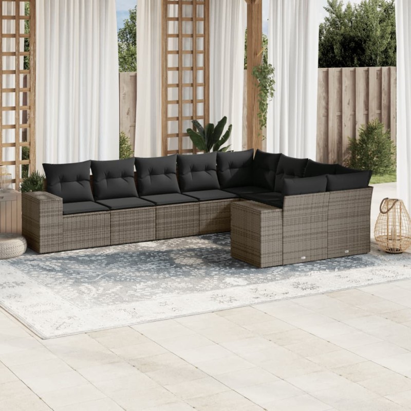 vidaXL Set de muebles de jardín 9 pzas y cojines ratán sintético gris