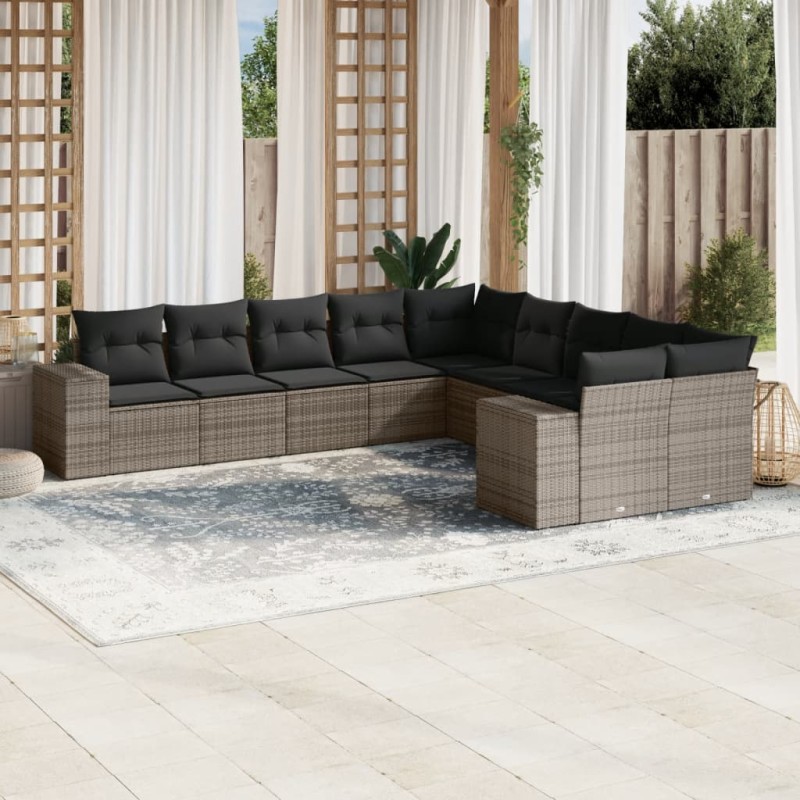 vidaXL Set de sofás de jardín 10 pzas con cojines ratán sintético gris vidaXL Set de sofás de jardín 10 pzas con cojines ratán sintético gris