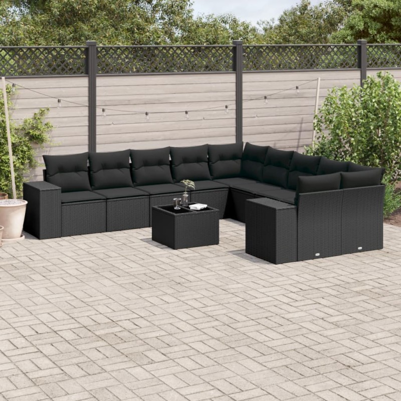 vidaXL Set de sofás de jardín 11 pzas y cojines ratán sintético negro