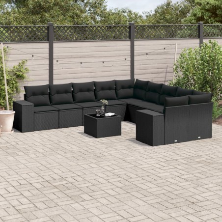 vidaXL Set de sofás de jardín 11 pzas y cojines ratán sintético negro