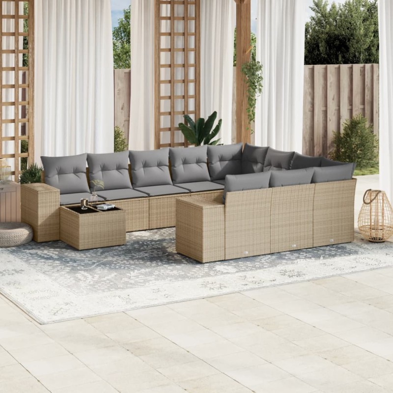 vidaXL Set de sofás de jardín 11pzas con cojines ratán sintético beige vidaXL Set de sofás de jardín 11pzas con cojines ratán sintético beige