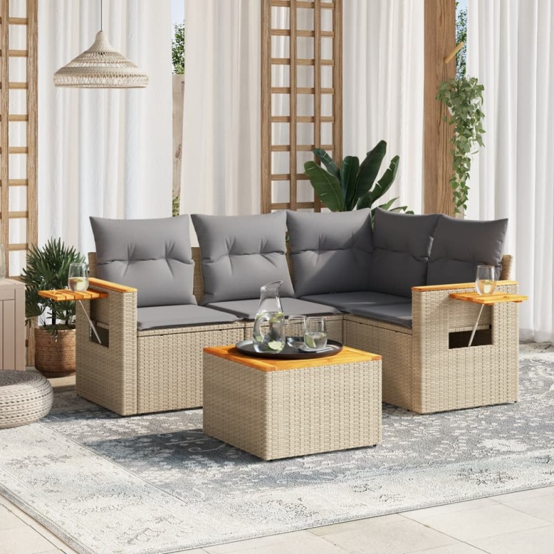 vidaXL Juego de sofás jardín con cojines 5 pzas ratán sintético beige vidaXL Juego de sofás jardín con cojines 5 pzas ratán sintético beige