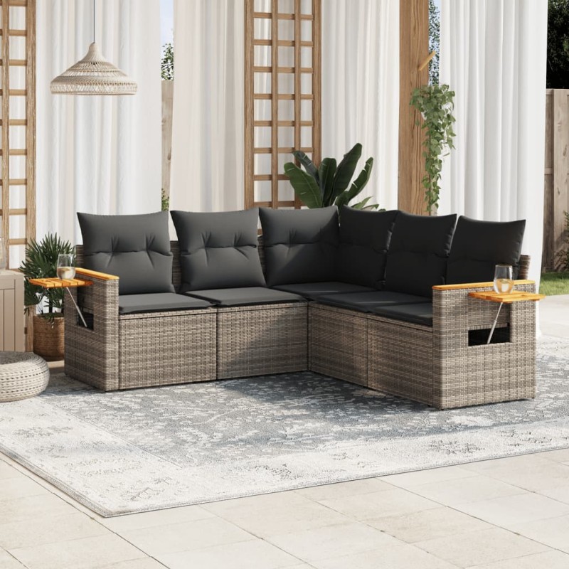 vidaXL Juego de sofás jardín con cojines 5 pzas ratán sintético gris vidaXL Juego de sofás jardín con cojines 5 pzas ratán sintético gris
