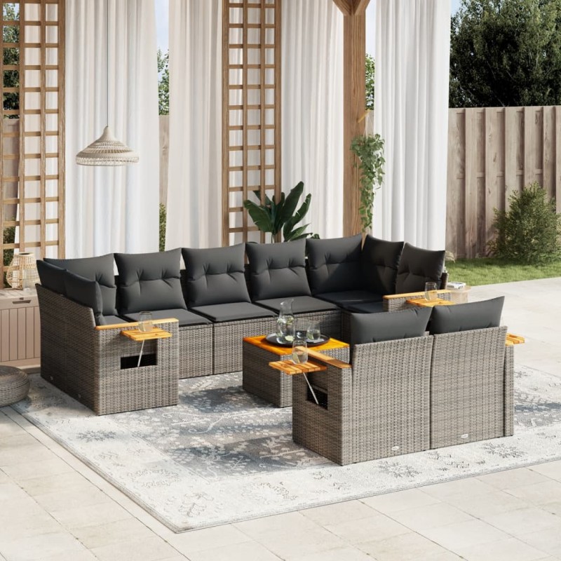 vidaXL Set de sofás de jardín 10 pzas con cojines ratán sintético gris
