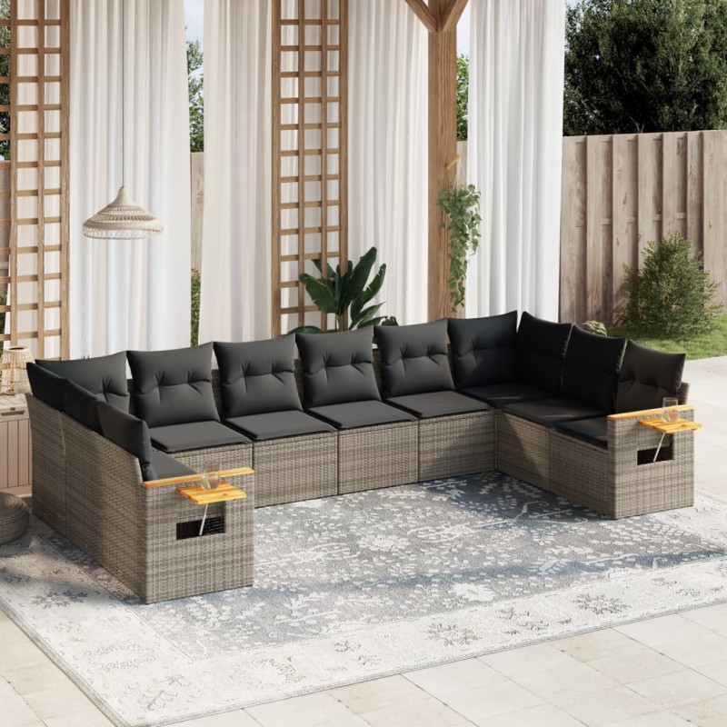 vidaXL Set de sofás de jardín 10 pzas con cojines ratán sintético gris vidaXL Set de sofás de jardín 10 pzas con cojines ratán sintético gris