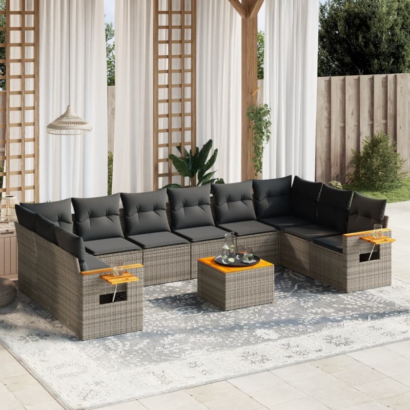 vidaXL Set de sofás de jardín 11 pzas y cojines ratán sintético gris vidaXL Set de sofás de jardín 11 pzas y cojines ratán sintético gris
