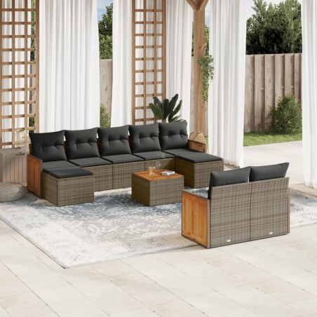 vidaXL Set de sofás de jardín 10 pzas con cojines ratán sintético gris
