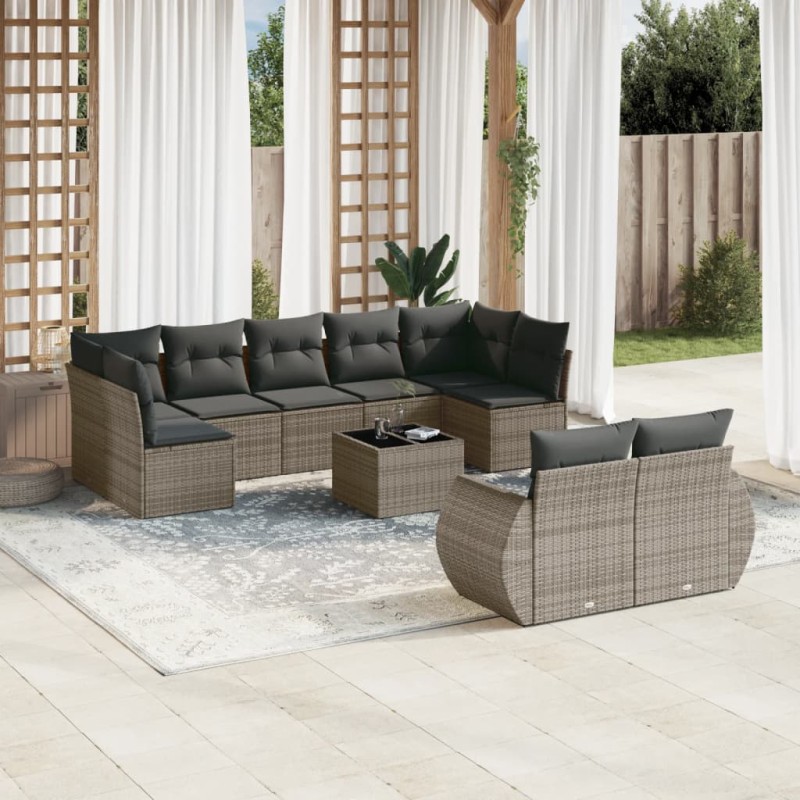 vidaXL Set de sofás de jardín 10 pzas con cojines ratán sintético gris vidaXL Set de sofás de jardín 10 pzas con cojines ratán sintético gris