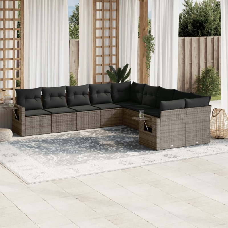 vidaXL Set de sofás de jardín 10 pzas con cojines ratán sintético gris vidaXL Set de sofás de jardín 10 pzas con cojines ratán sintético gris