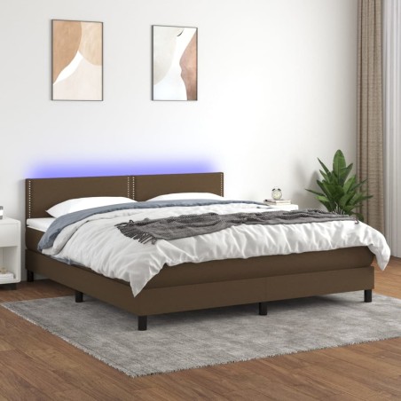 vidaXL Cama box spring colchón luces LED tela marrón oscuro 160x200cm
