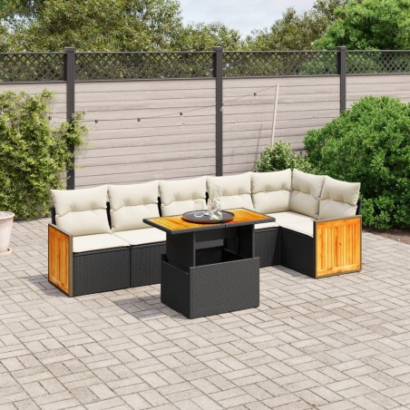 vidaXL Set de comedor de jardín 7 pzas y cojines ratán sintético negro