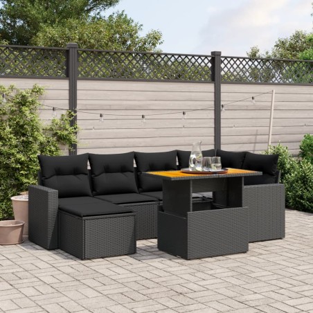 vidaXL Set de comedor de jardín 7 pzas y cojines ratán sintético negro